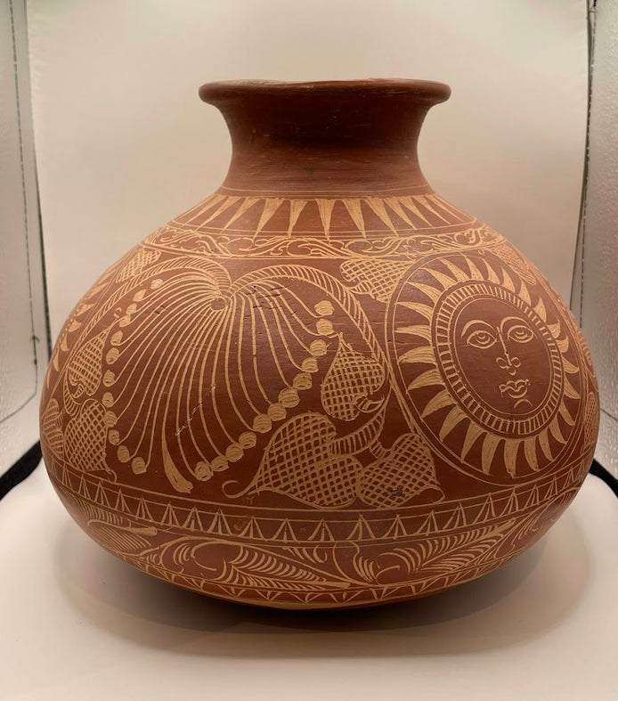 Vintage Mexican Terra Cotta Etched Vase