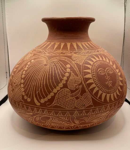 Vintage Mexican Terra Cotta Etched Vase