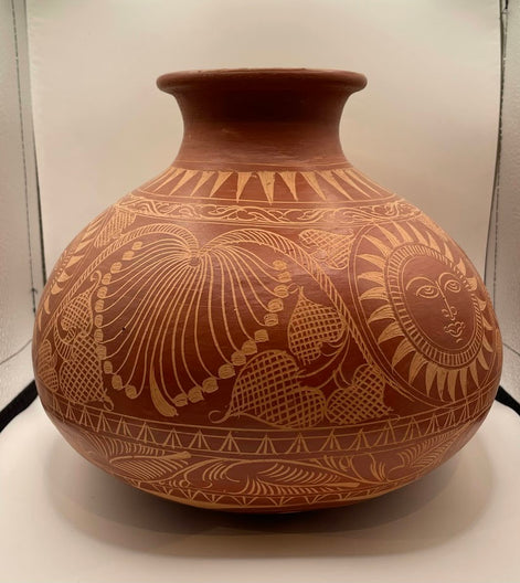 Vintage Mexican Terra Cotta Etched Vase