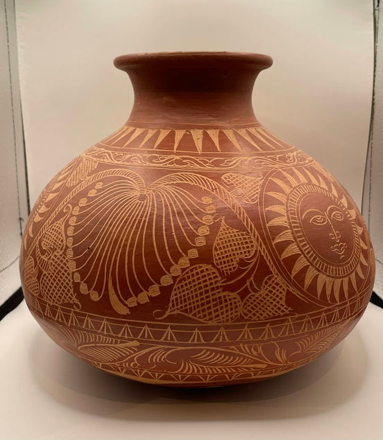 Vintage Mexican Terra Cotta Etched Vase