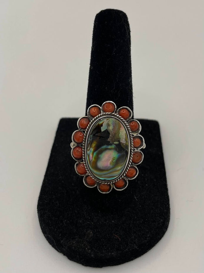 Coral & Abalone Silver Ring