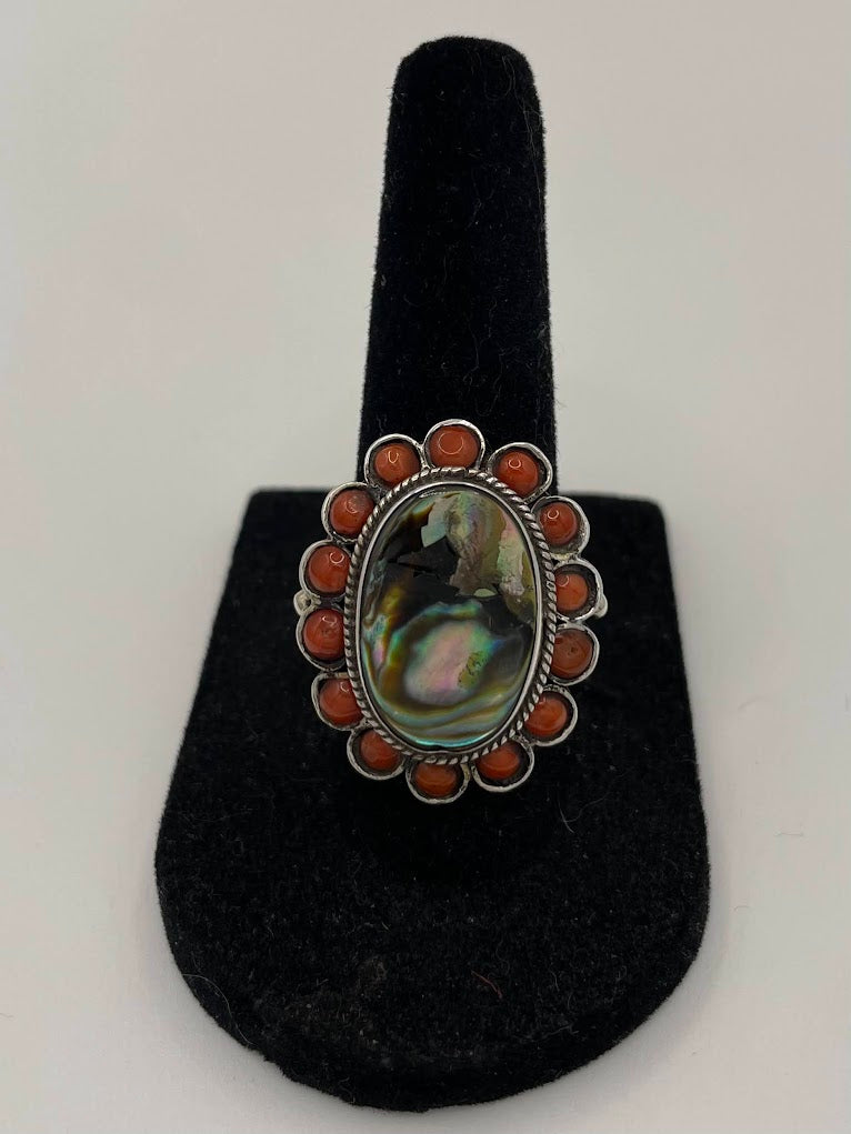 Coral & Abalone Silver Ring