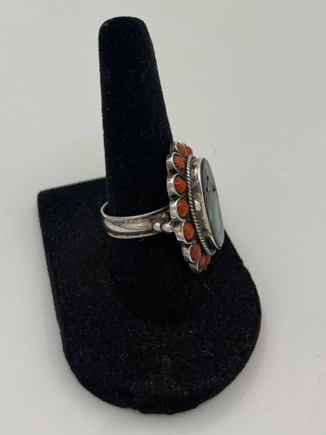 Coral & Abalone Silver Ring
