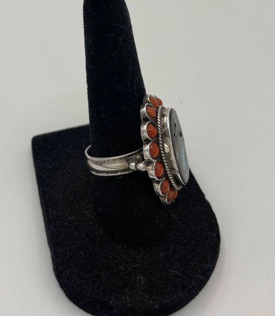 Coral & Abalone Silver Ring