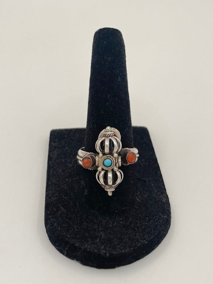 Turquoise/Coral Silver Ring