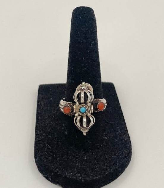Turquoise/Coral Silver Ring