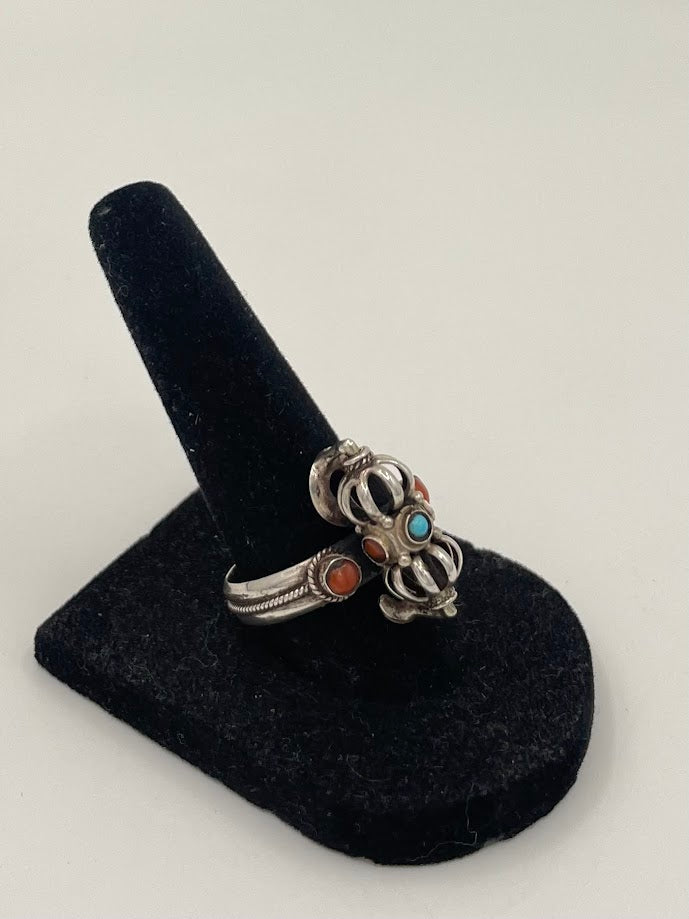 Turquoise/Coral Silver Ring
