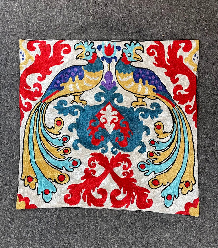 Peacock Kashmiri Silk Pillow 18x18