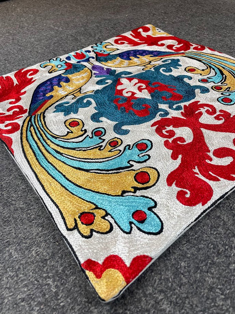 Peacock Kashmiri Silk Pillow 18x18