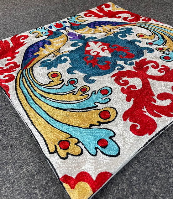 Peacock Kashmiri Silk Pillow 18x18