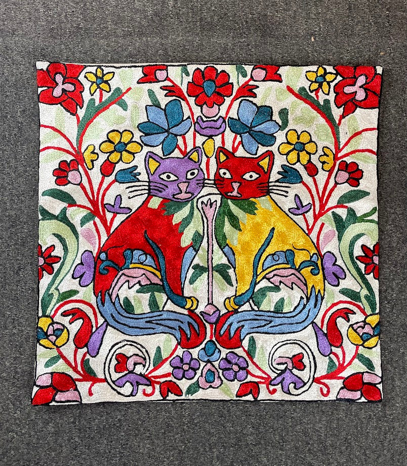 Cat Kashmiri Silk Pillow 18x18