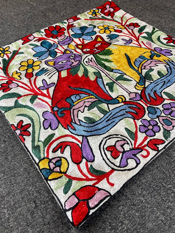 Cat Kashmiri Silk Pillow 18x18