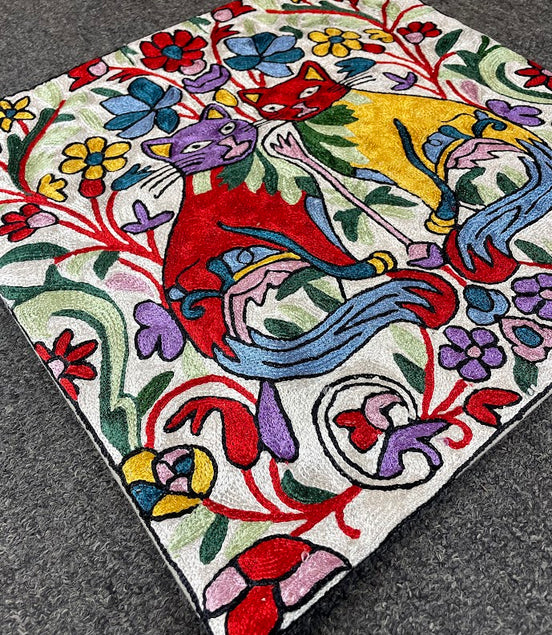 Cat Kashmiri Silk Pillow 18x18