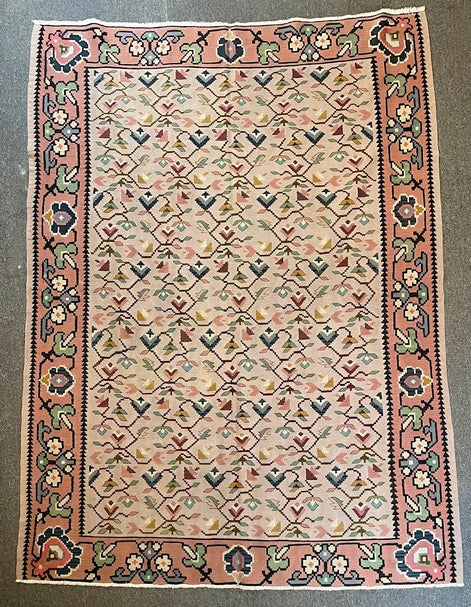Former Yugoslavia Geometric Floral Kilim 5'4 x 7'3