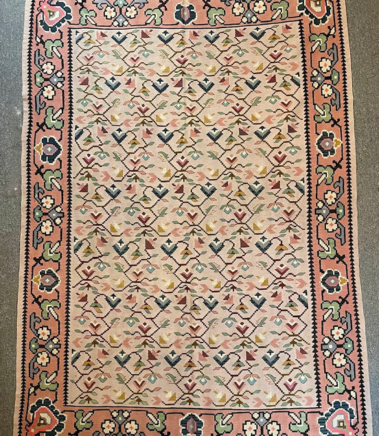 Former Yugoslavia Geometric Floral Kilim 5'4 x 7'3