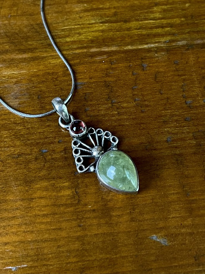 Garnet and Prehnite Silver Pendant