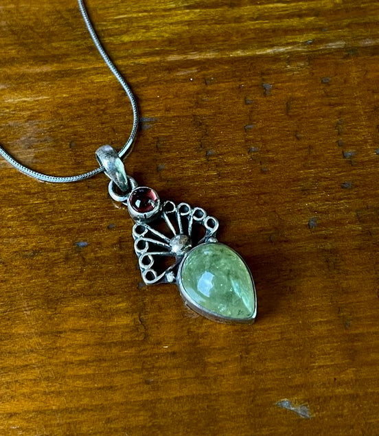 Garnet and Prehnite Silver Pendant