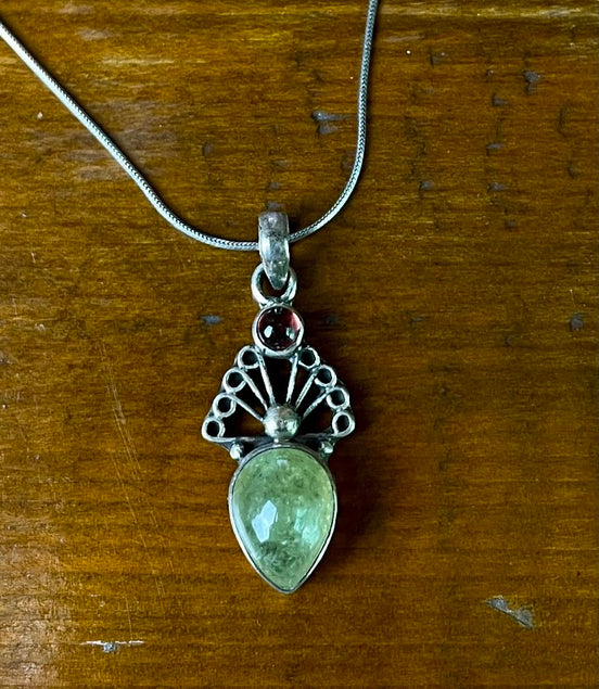 Garnet and Prehnite Silver Pendant
