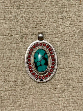 Turquoise and Coral Silver Pendant