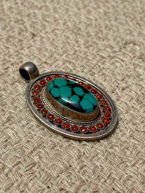 Turquoise and Coral Silver Pendant