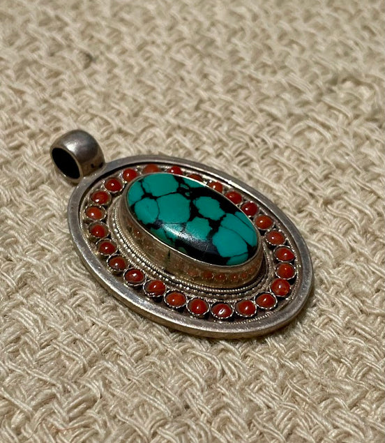 Turquoise and Coral Silver Pendant