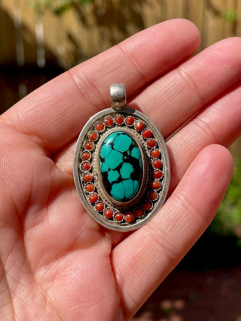 Turquoise and Coral Silver Pendant