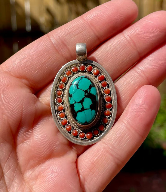 Turquoise and Coral Silver Pendant