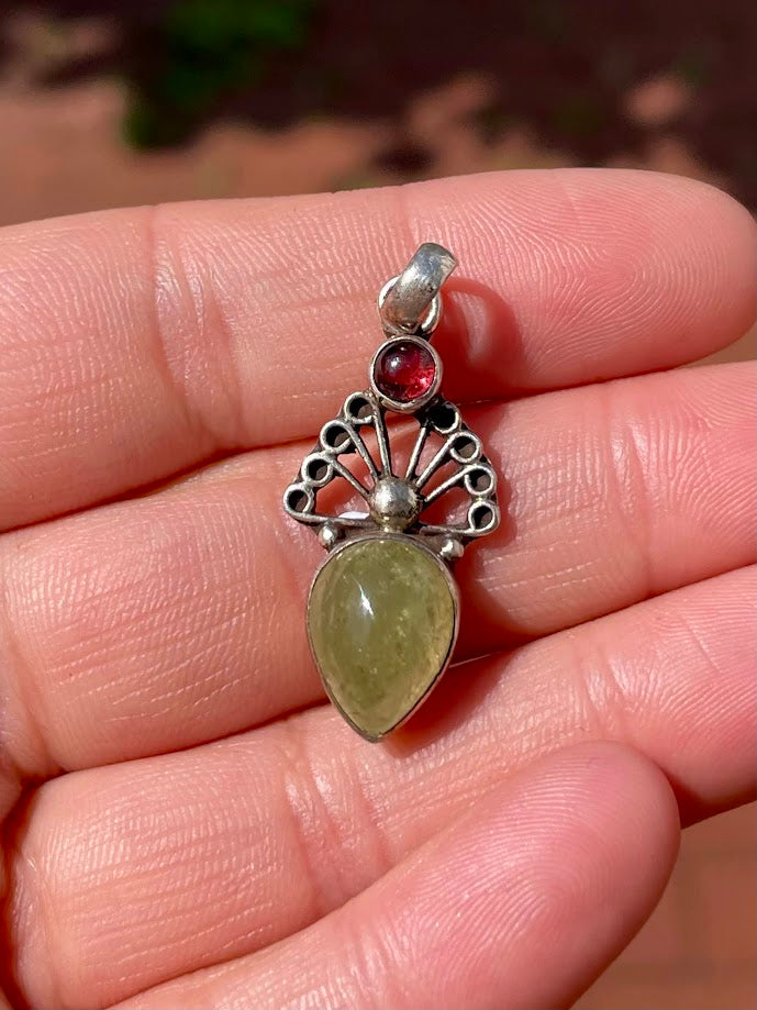 Garnet and Prehnite Silver Pendant