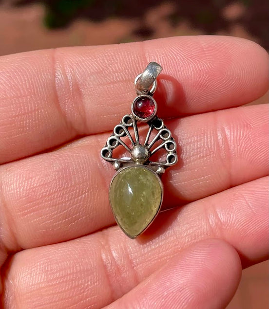 Garnet and Prehnite Silver Pendant