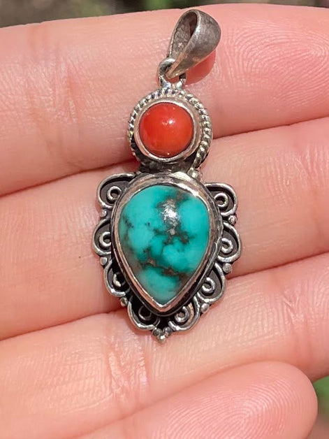 Turquoise and Coral Silver Pendent