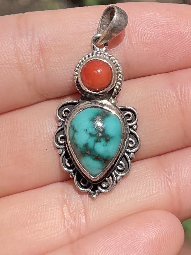 Turquoise and Coral Silver Pendent