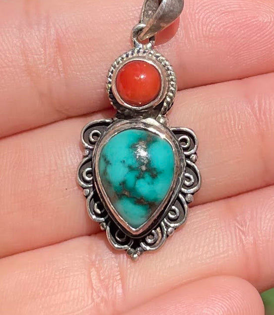 Turquoise and Coral Silver Pendent