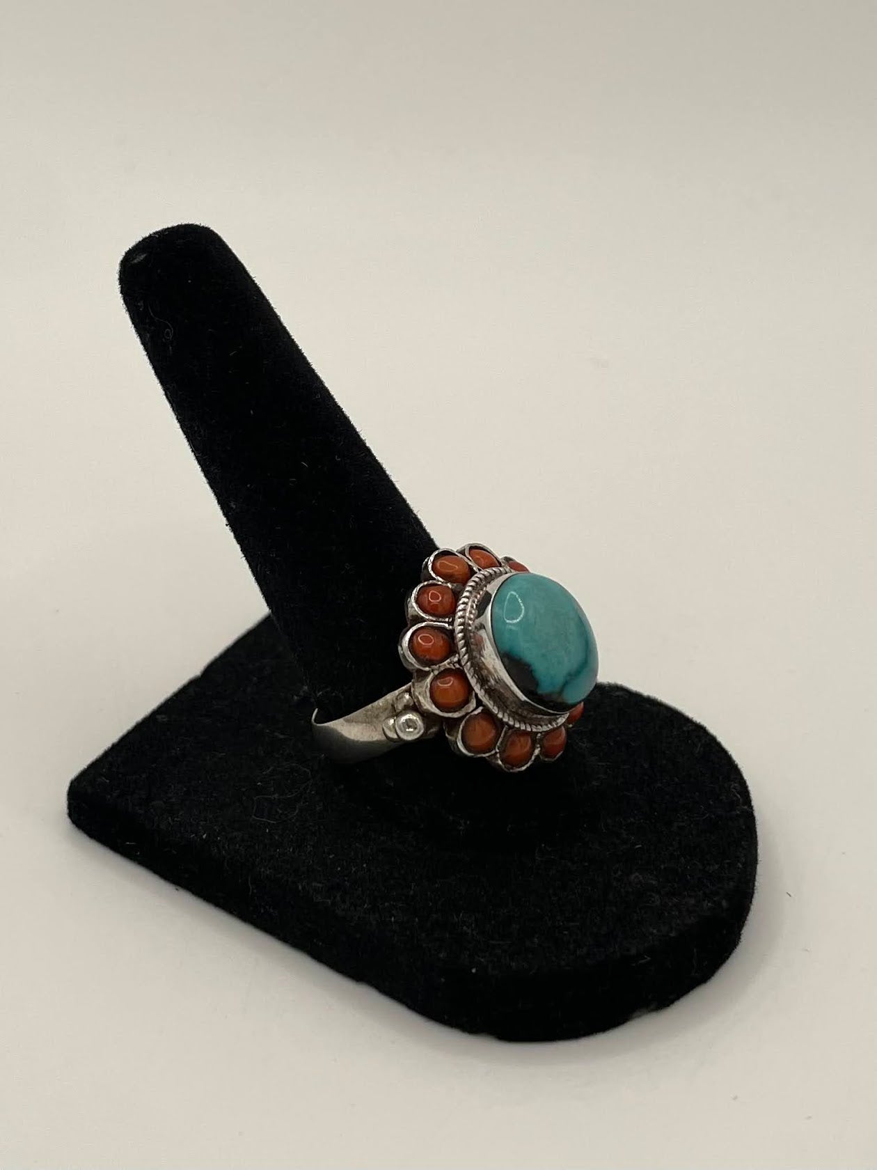 Turquoise and Coral Silver Ring