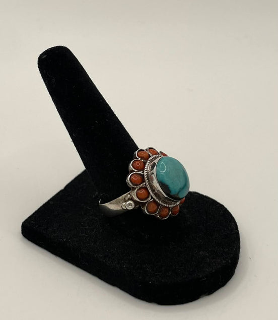 Turquoise and Coral Silver Ring