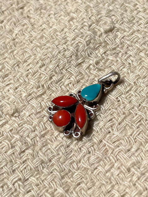 Turquoise and Coral Silver Pendent