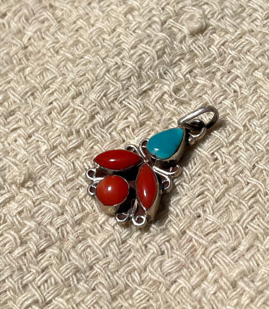 Turquoise and Coral Silver Pendent