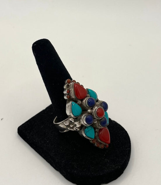 Lapis Lazuli/Coral/Turquoise Silver Ring