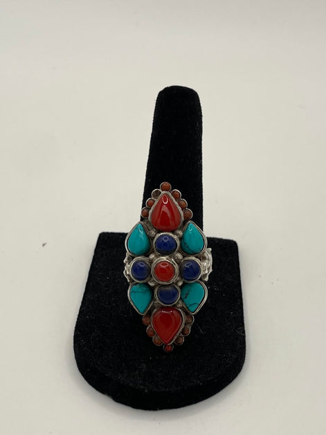 Lapis Lazuli/Coral/Turquoise Silver Ring