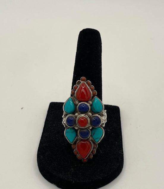Lapis Lazuli/Coral/Turquoise Silver Ring