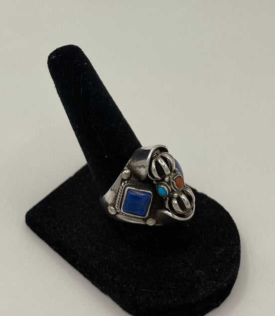 Lapis Lazuli, Turquoise, Coral Silver Ring