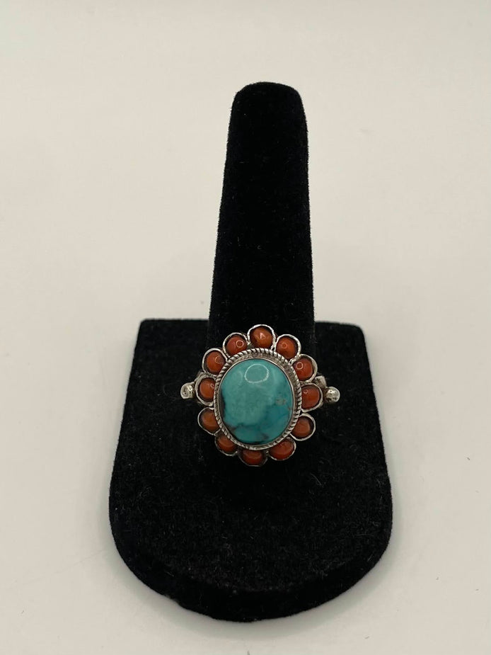Turquoise and Coral Silver Ring