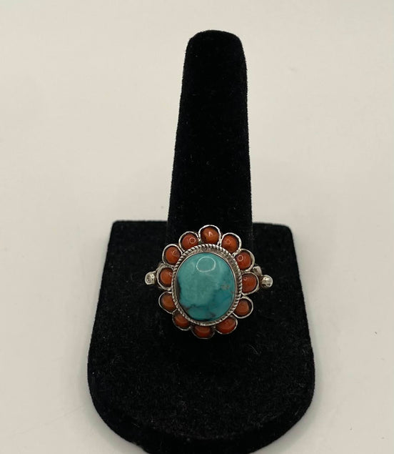 Turquoise and Coral Silver Ring