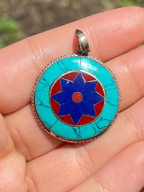 Turquoise, Lapis Lazuli, and Coral Silver Pendent