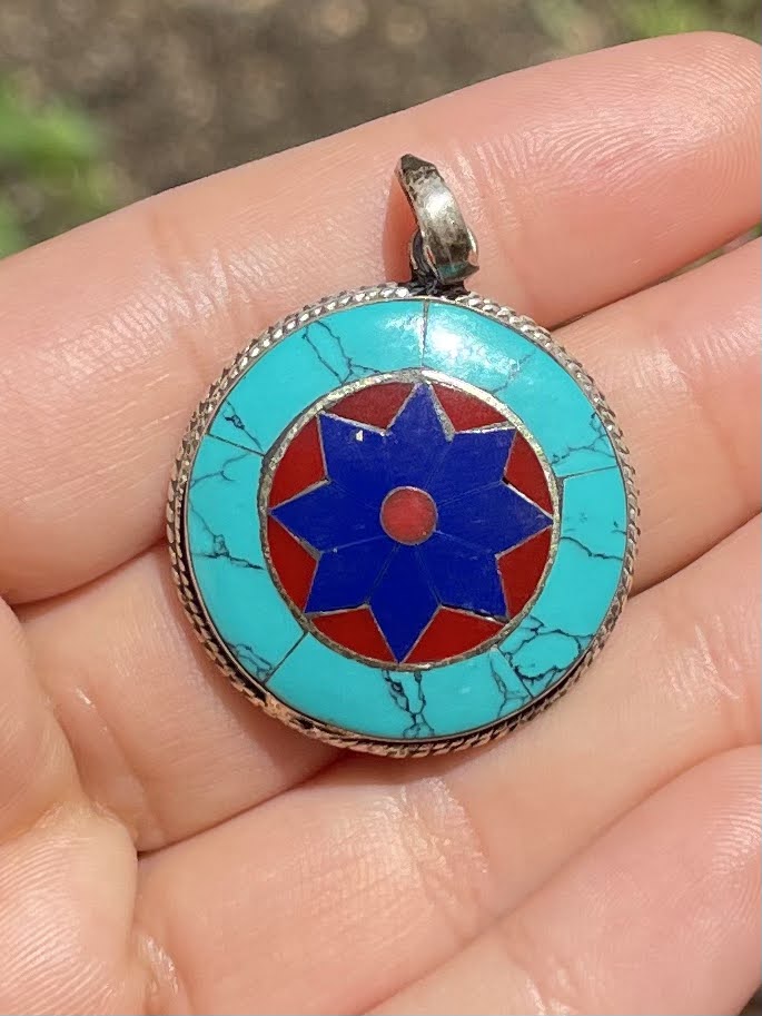 Turquoise, Lapis Lazuli, and Coral Silver Pendent