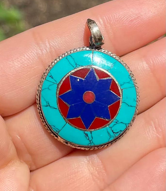 Turquoise, Lapis Lazuli, and Coral Silver Pendent