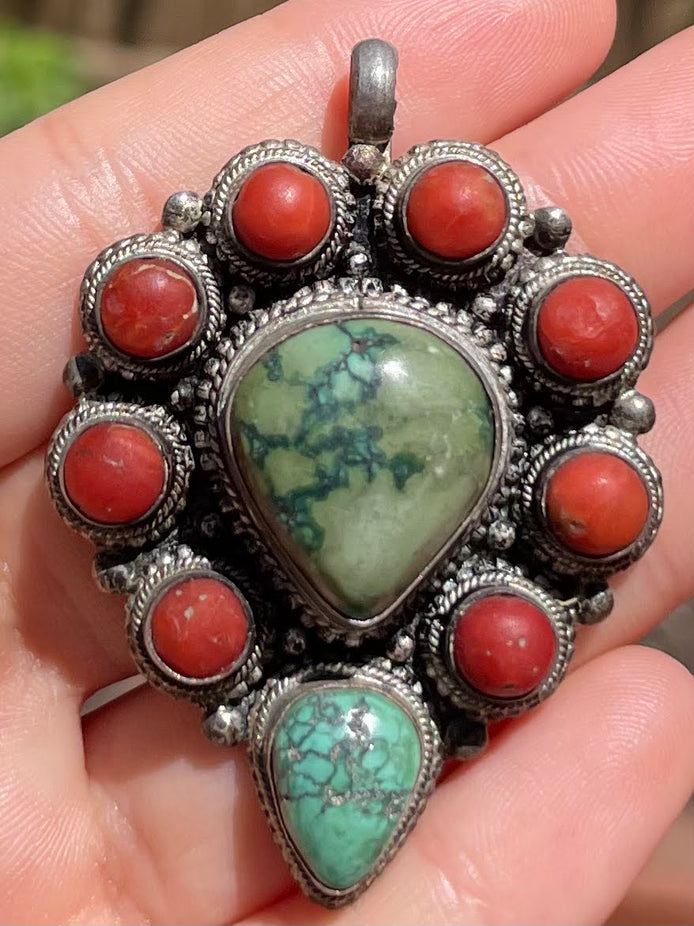 Turquoise and Coral Silver Pendent
