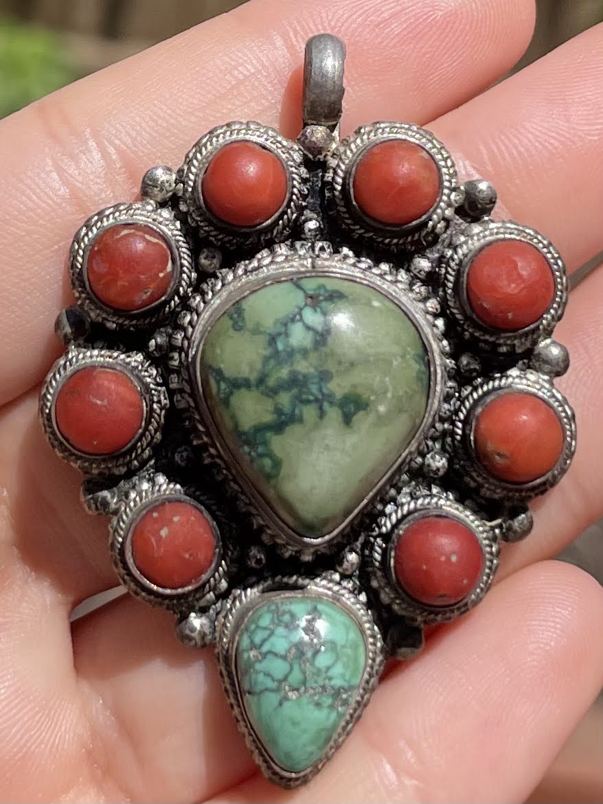 Turquoise and Coral Silver Pendent