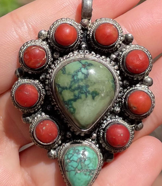 Turquoise and Coral Silver Pendent