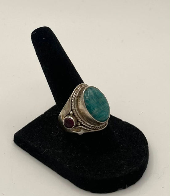 Amazonite & Garnet Silver Ring
