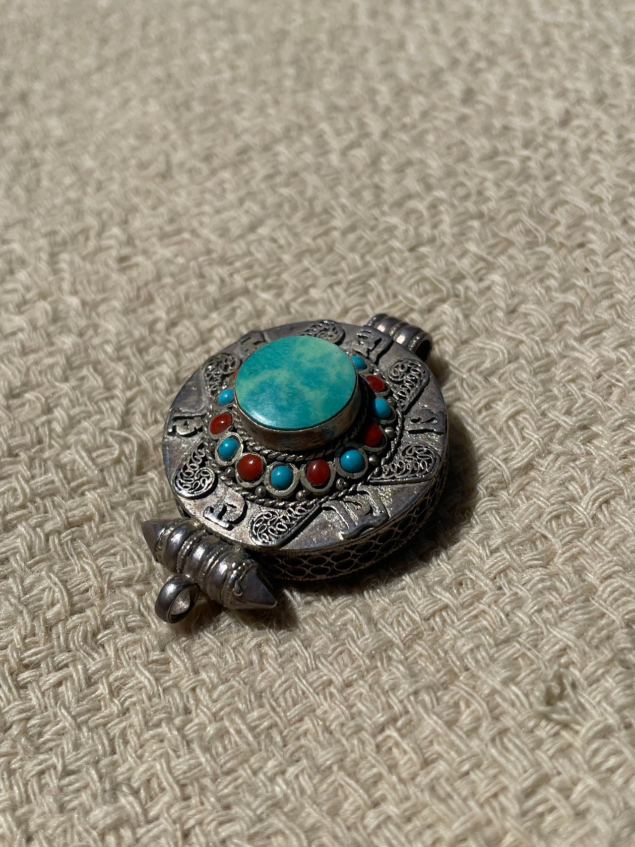 Turquoise and Coral Silver Pendent